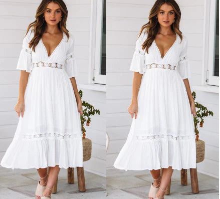 Quintess | Women's V-Neck Dress Embroidered with Eyelets | Blanc