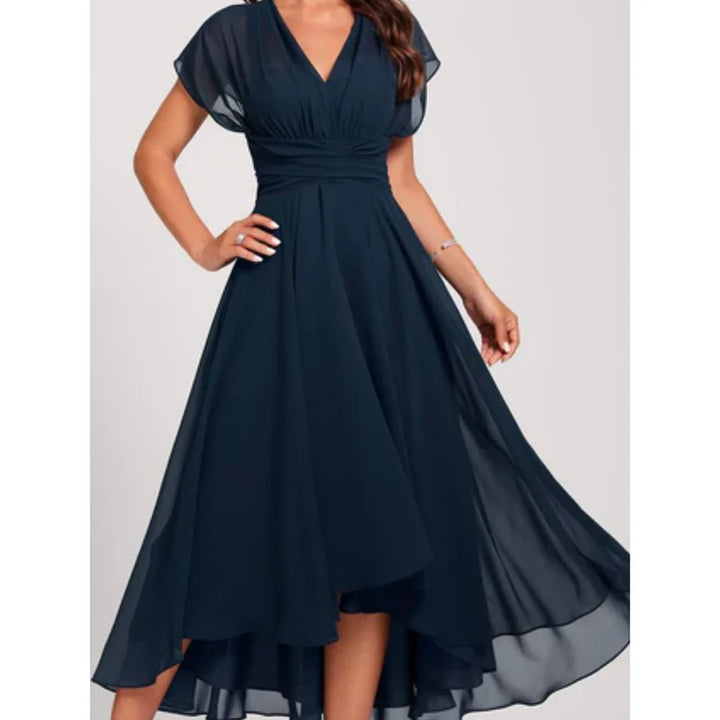 Femme Col V Manches Courtes Robe Élégante | Midi