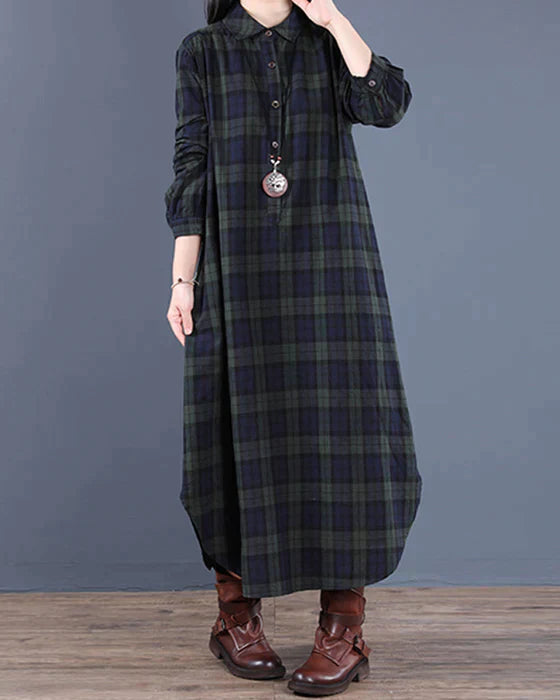 Elegantes Langarmkleid aus kariertem Stoff für Frauen | Midi