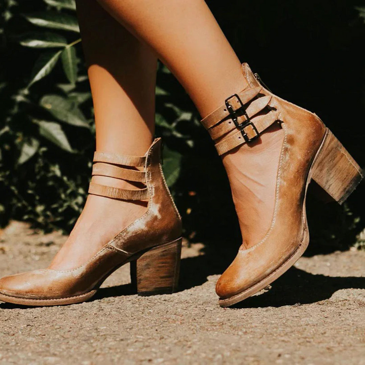 Chaussures À Talon Bloc Vintage Marron Pour Femmes | Double Sangle
