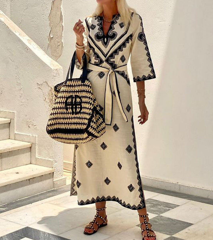 Robe Longue Femme Classique Col en V et Manches Demi | Midi