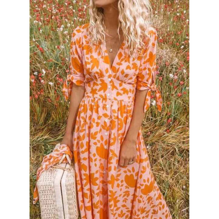 Boho Kleid mit V-Ausschnitt und gebundenen Ärmeln | Maxi