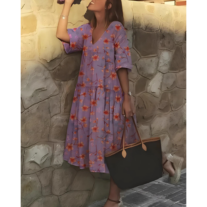 Boho V-Neck Short Sleeve Dress for Women | Midi