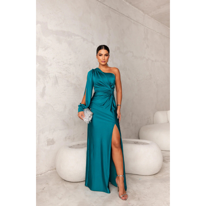 Robe D'invité De Mariage Pour Femme À Épaules Simples Et Manches Drapées | Maxi