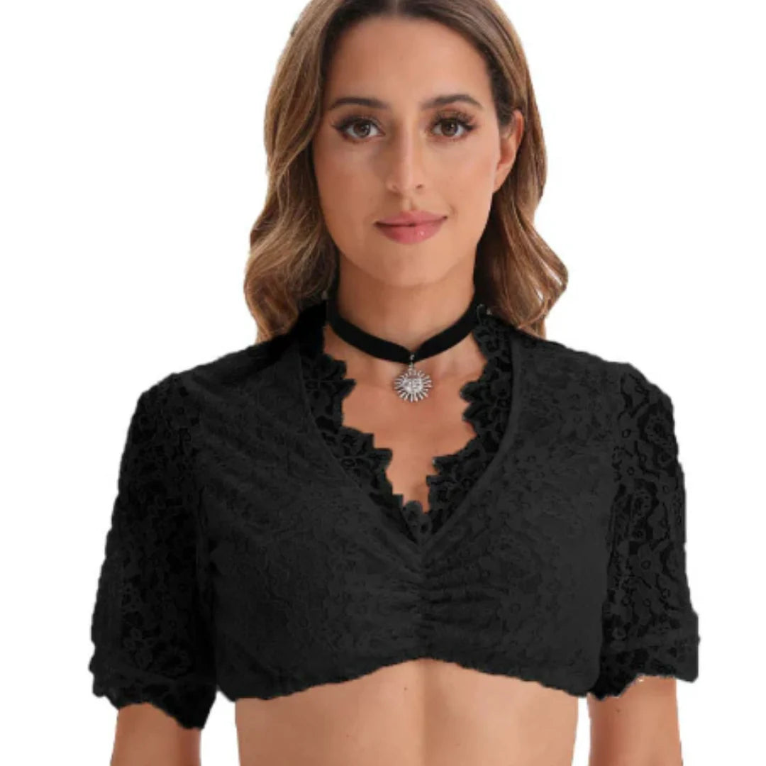 Femme Élégante V-Ausschnitt Dirndl Oktoberfest Bluse | Kurze Ärmel