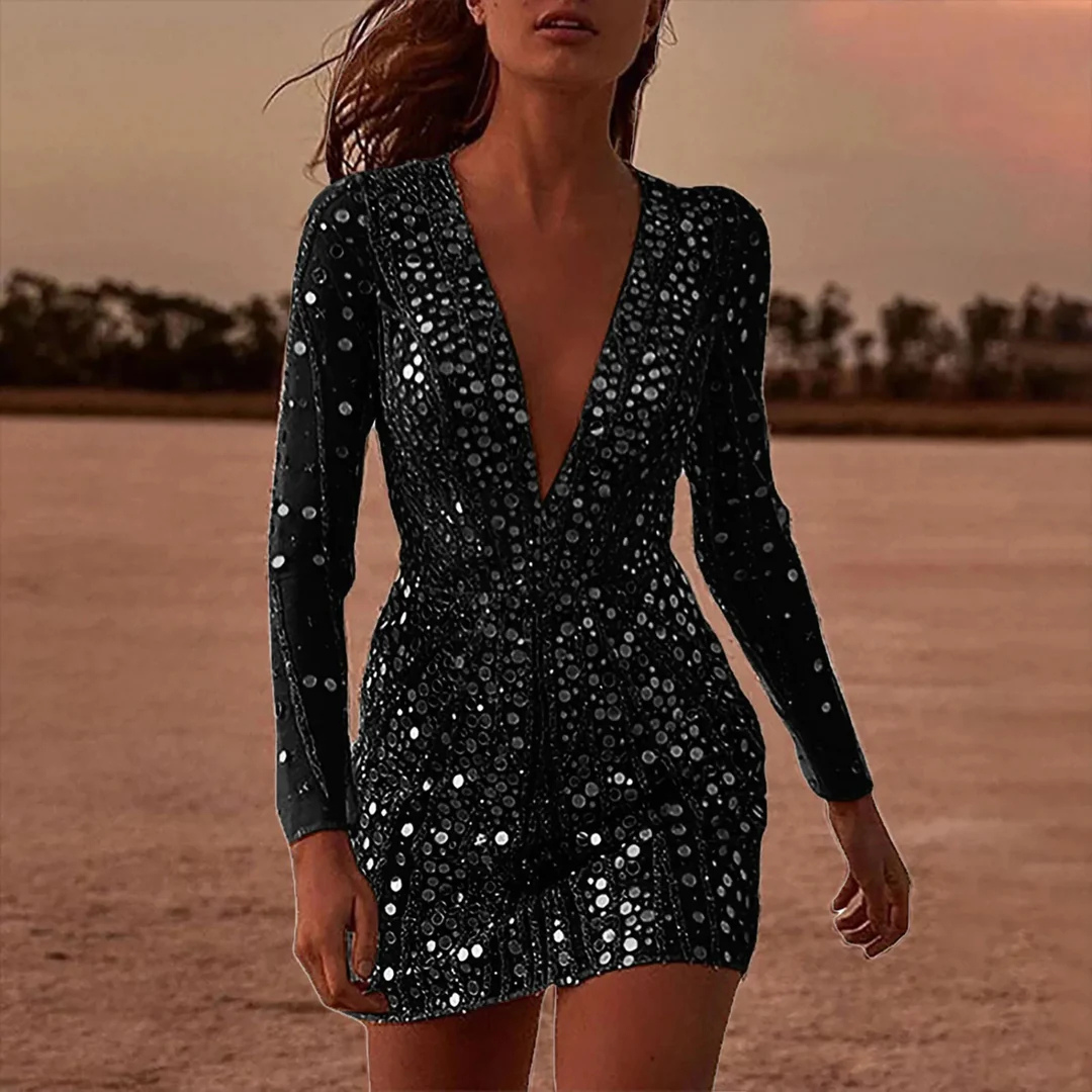 Robe D'invité De Mariage À Col V Profond En Sequins Pour Femmes | Mini