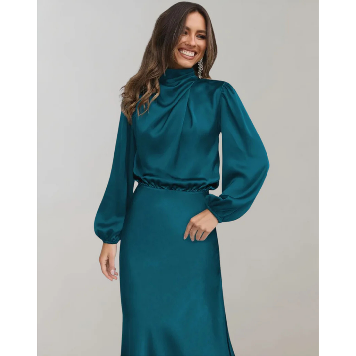 Femmes Robe À Manches Longues À Col Montant | Midi