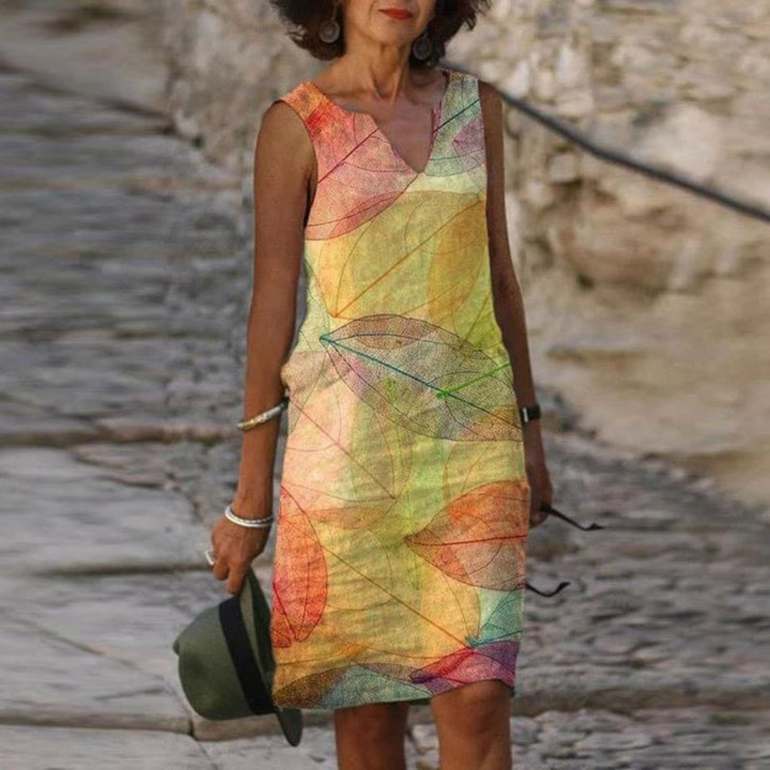 Robe D'été Élégante Sans Manches À Imprimé Feuilles Pour Femme | Midi