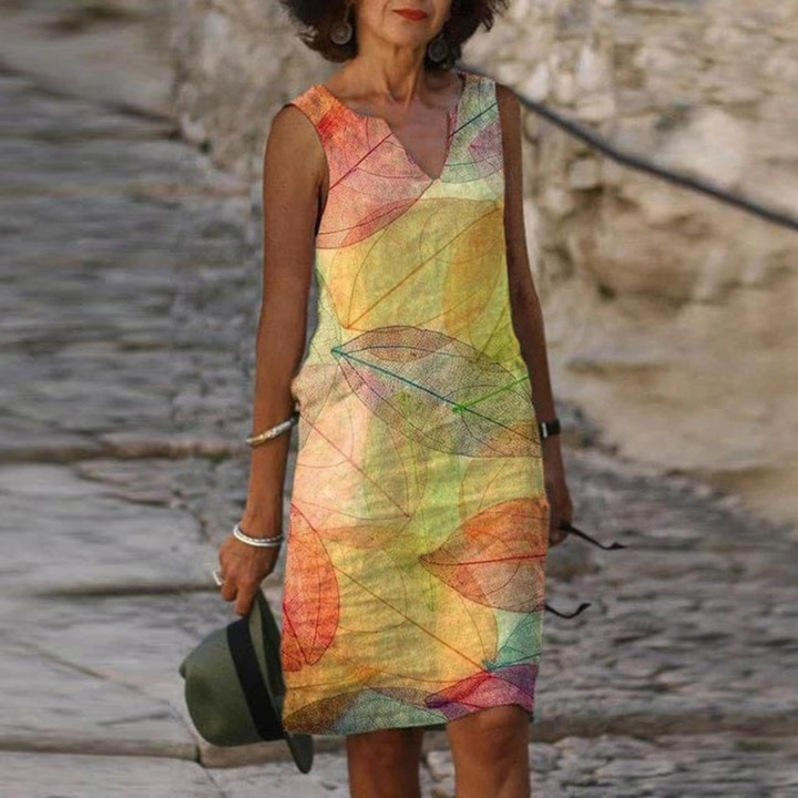 Robe D'été Élégante Sans Manches À Imprimé Feuilles Pour Femme | Midi