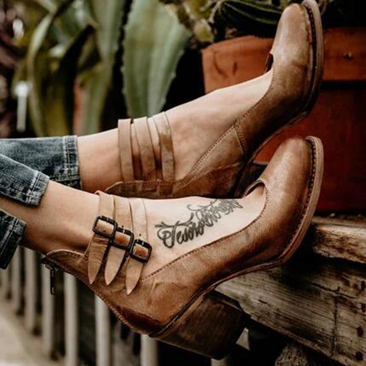 Chaussures À Talon Bloc Vintage Marron Pour Femmes | Double Sangle