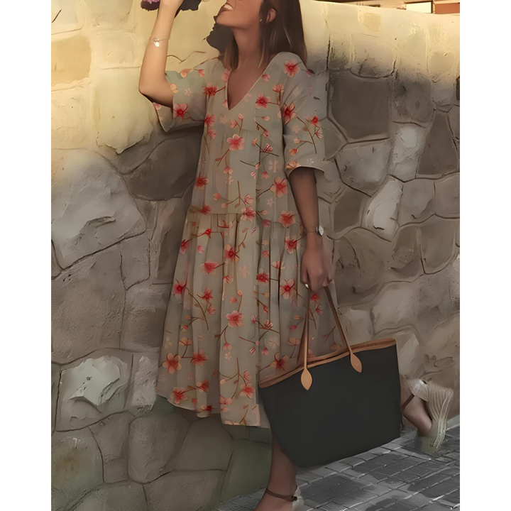 Boho V-Neck Short Sleeve Dress for Women | Midi