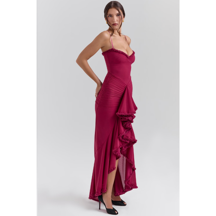 Robe D'invité De Mariage Avec Bretelles Spaghetti Et Volants | Maxi
