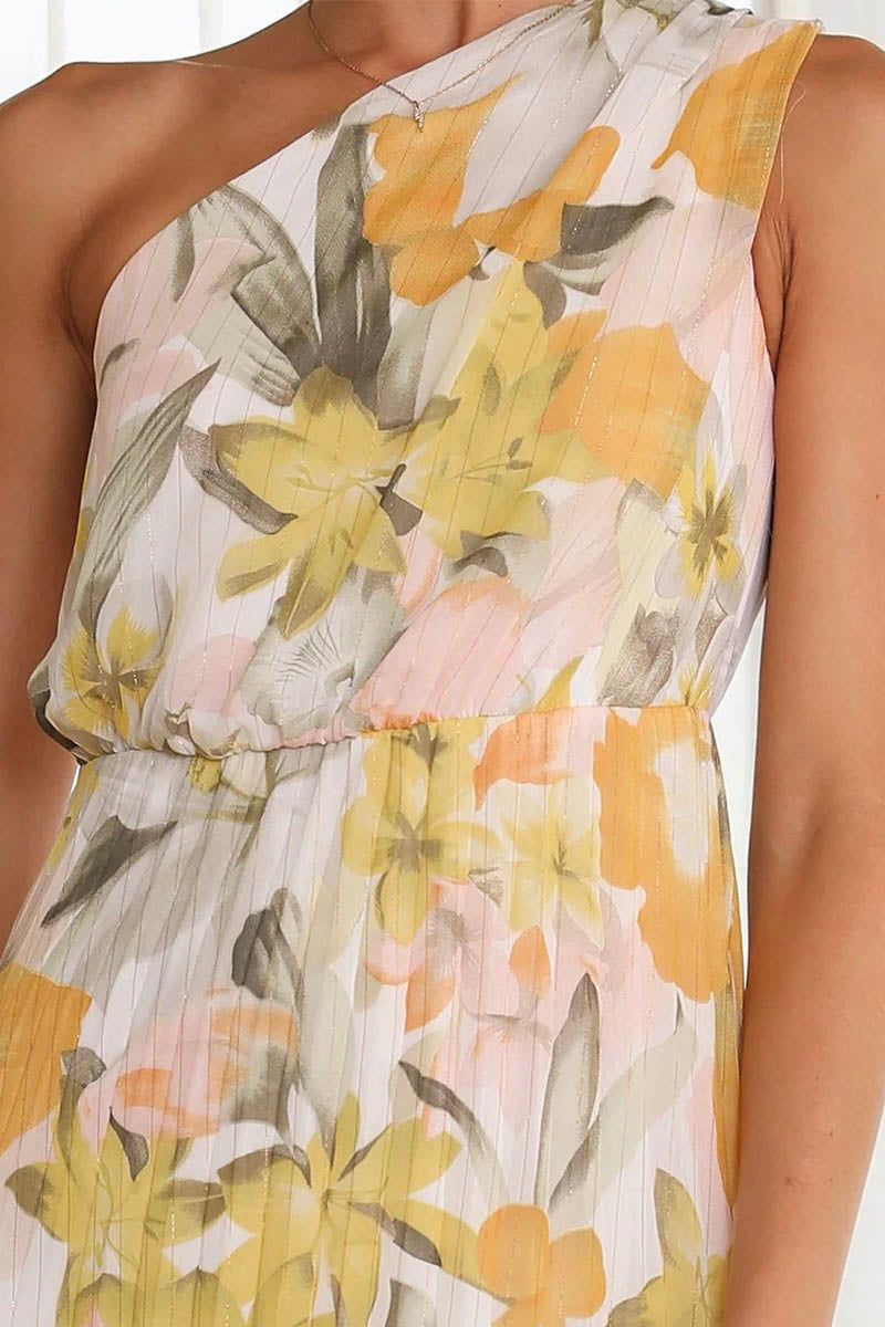 Queenie | Damen gedrucktes Dekolleté-Kleid | Gelb Weiß