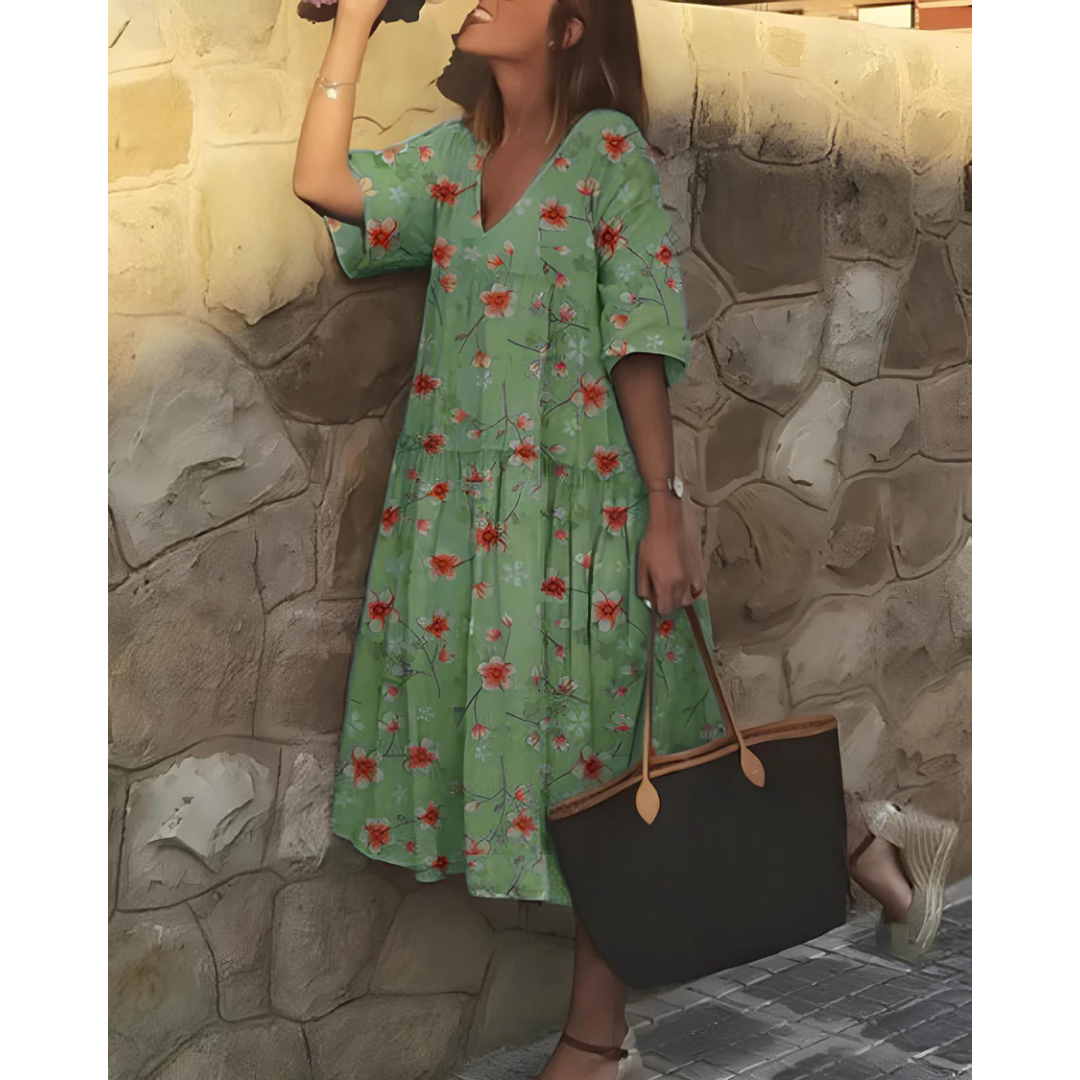 Boho V-Neck Short Sleeve Dress for Women | Midi