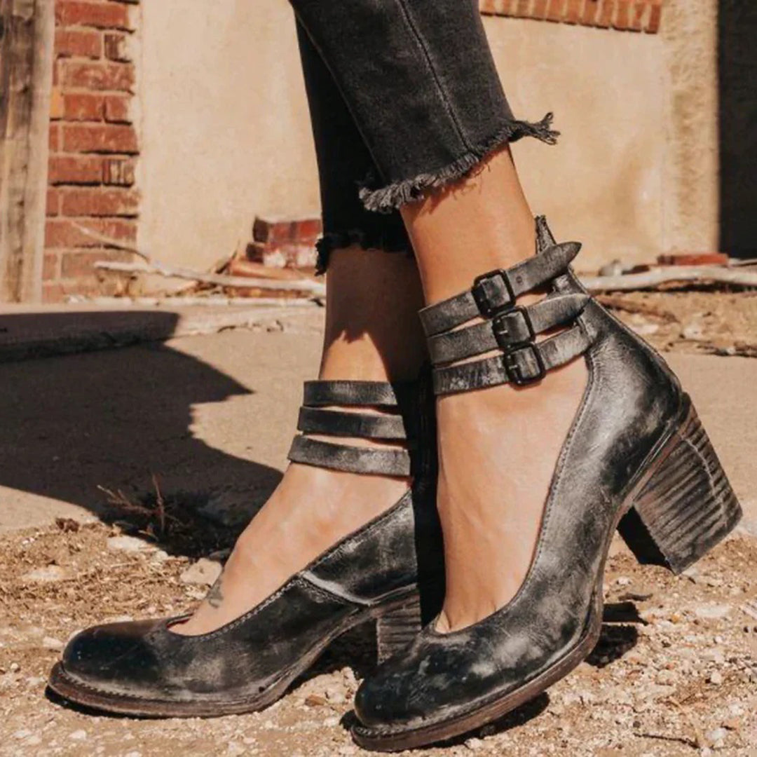 Chaussures À Talon Bloc Vintage Marron Pour Femmes | Double Sangle