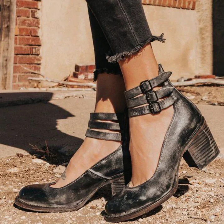 Chaussures À Talon Bloc Vintage Marron Pour Femmes | Double Sangle