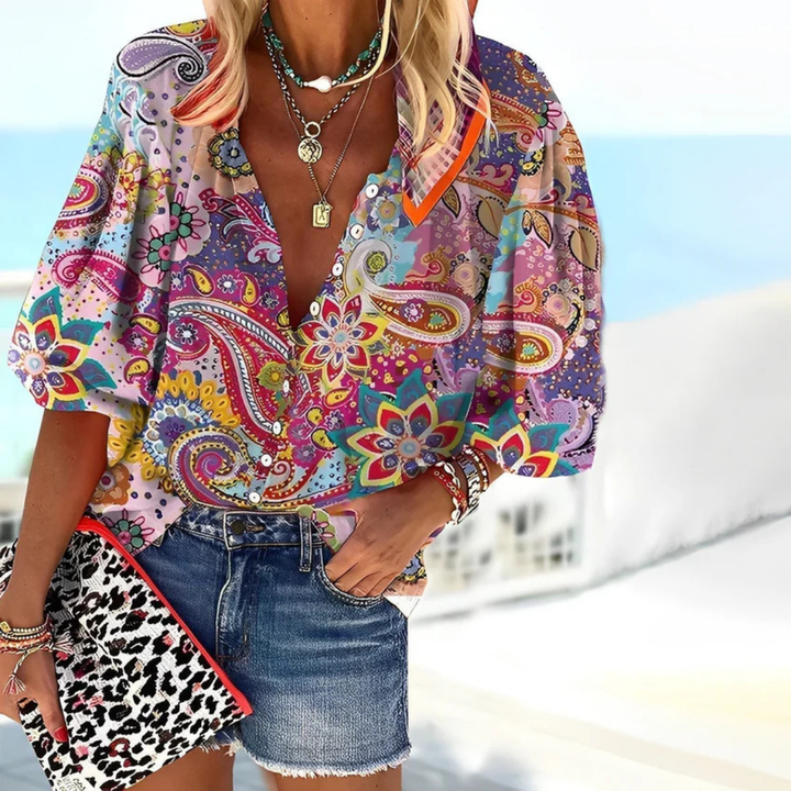 Chemise Boutonnée À Imprimé Mandala Pour Femmes | Manches Bouffantes