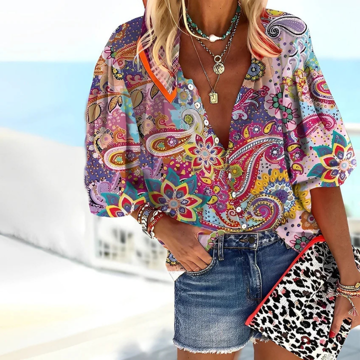 Chemise Boutonnée À Imprimé Mandala Pour Femmes | Manches Bouffantes