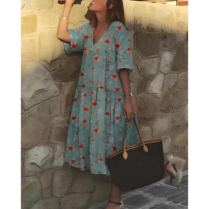 Boho V-Neck Short Sleeve Dress for Women | Midi