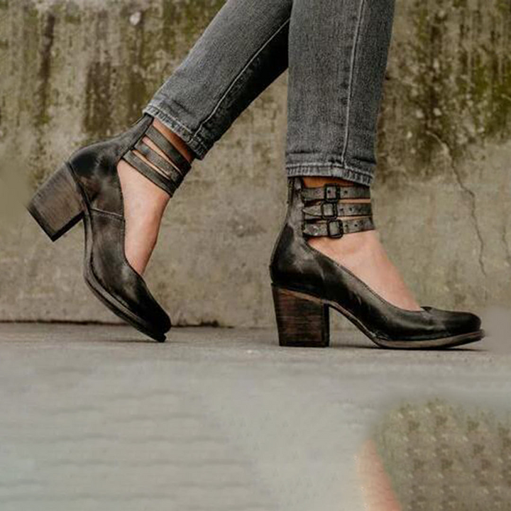 Chaussures À Talon Bloc Vintage Marron Pour Femmes | Double Sangle