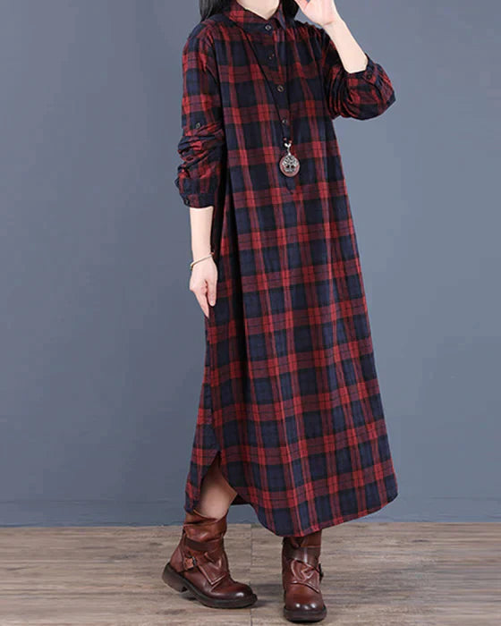 Elegantes Langarmkleid aus kariertem Stoff für Frauen | Midi