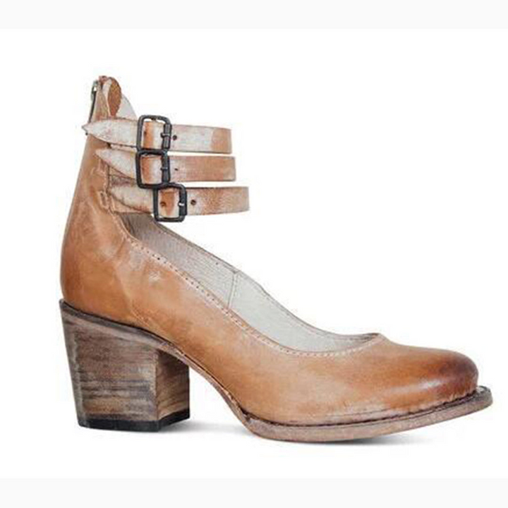 Chaussures À Talon Bloc Vintage Marron Pour Femmes | Double Sangle