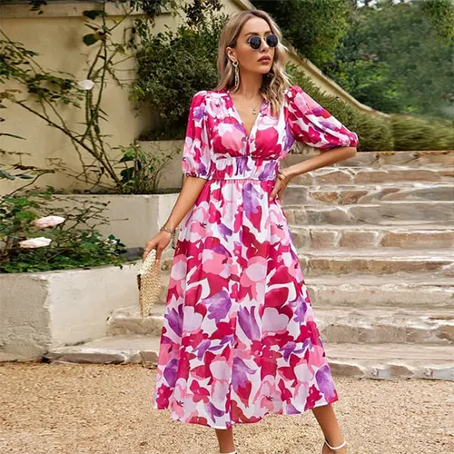 Robe d'été Elégante à Motif Floral Pour Femmes | Midi