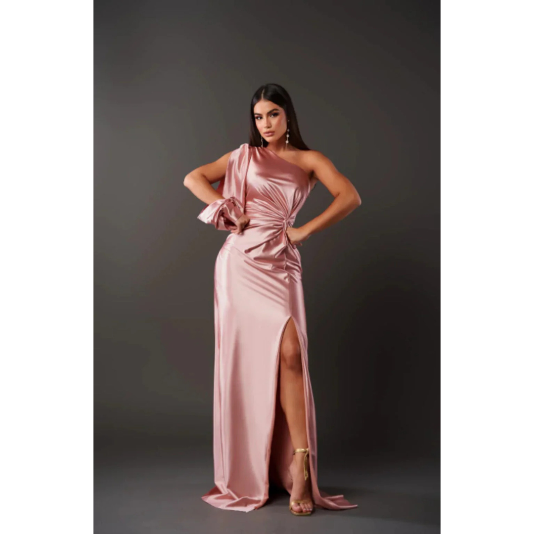 Robe D'invité De Mariage Pour Femme À Épaules Simples Et Manches Drapées | Maxi