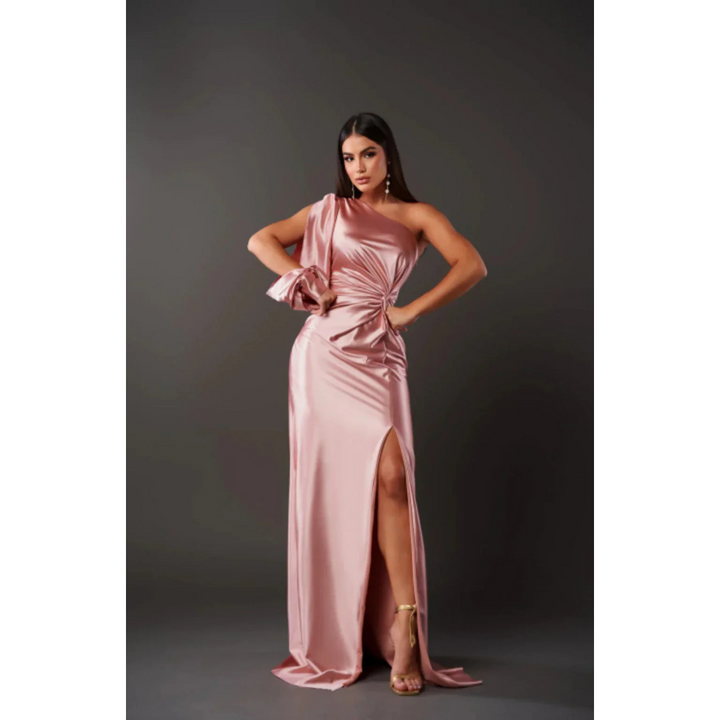 Robe D'invité De Mariage Pour Femme À Épaules Simples Et Manches Drapées | Maxi