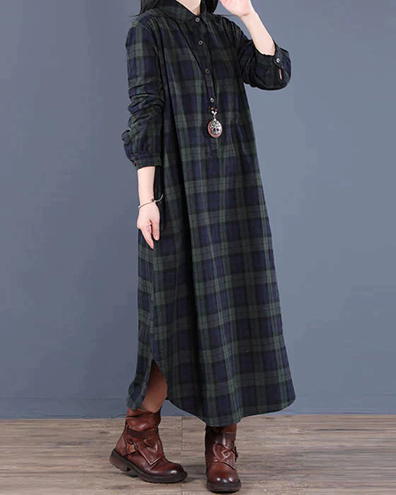 Elegantes Langarmkleid aus kariertem Stoff für Frauen | Midi