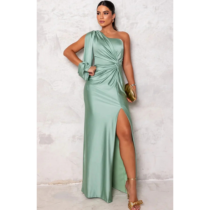 Robe D'invité De Mariage Pour Femme À Épaules Simples Et Manches Drapées | Maxi