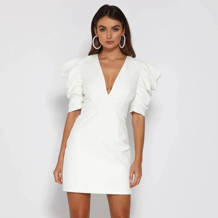 Elegantes Kleid mit Puffärmeln und V-Ausschnitt für Frauen | Mini