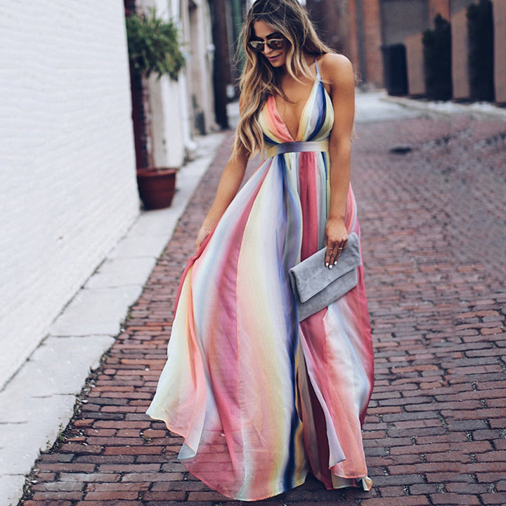 Donne Abito Scollo a V a Righe Multicolore | Maxi