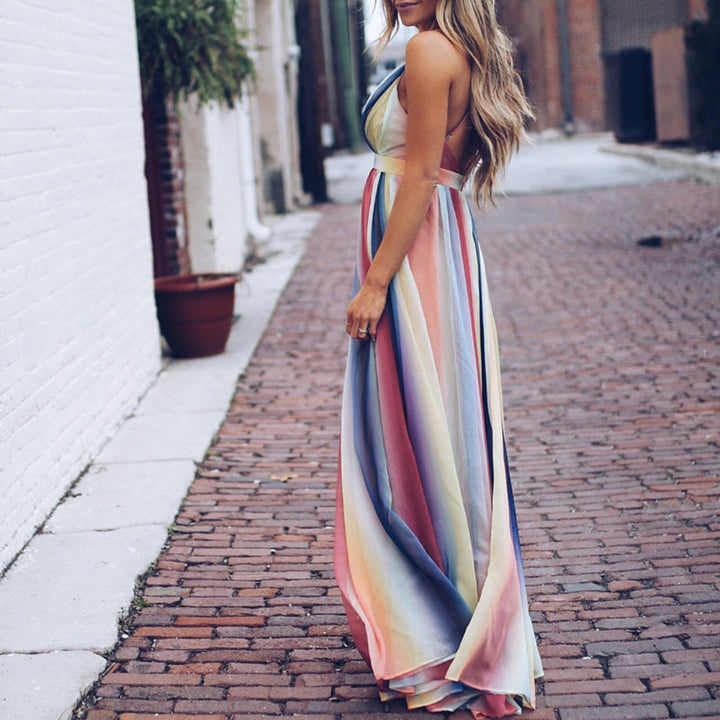 Donne Abito Scollo a V a Righe Multicolore | Maxi
