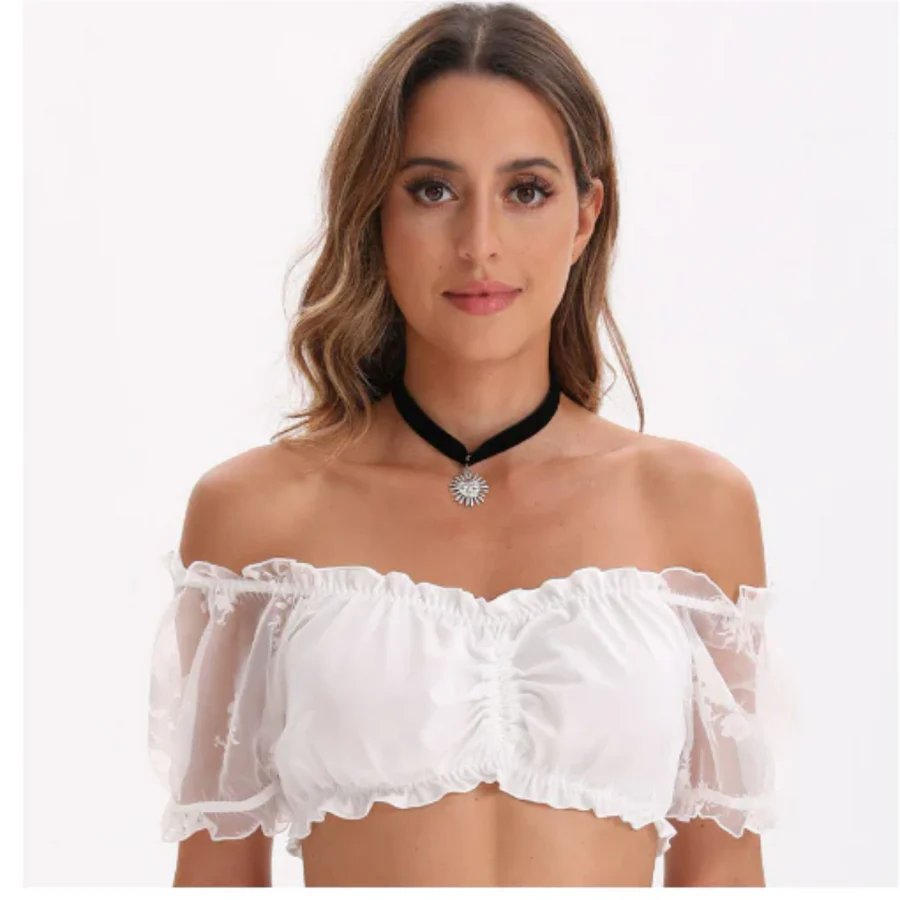 Femme Élégante V-Ausschnitt Dirndl Oktoberfest Bluse | Kurze Ärmel