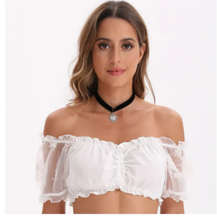 Femme Élégante V-Ausschnitt Dirndl Oktoberfest Bluse | Kurze Ärmel