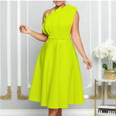 Robe De Soirée Élégante À Épaule Unique Et Évasée Pour Femmes | Midi