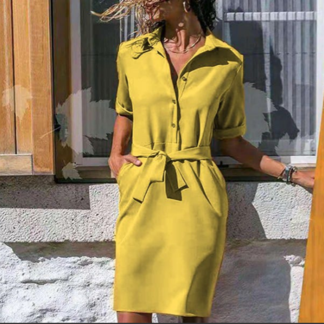 Robe Ceinturée À Manches Courtes Pour Femmes | Midi