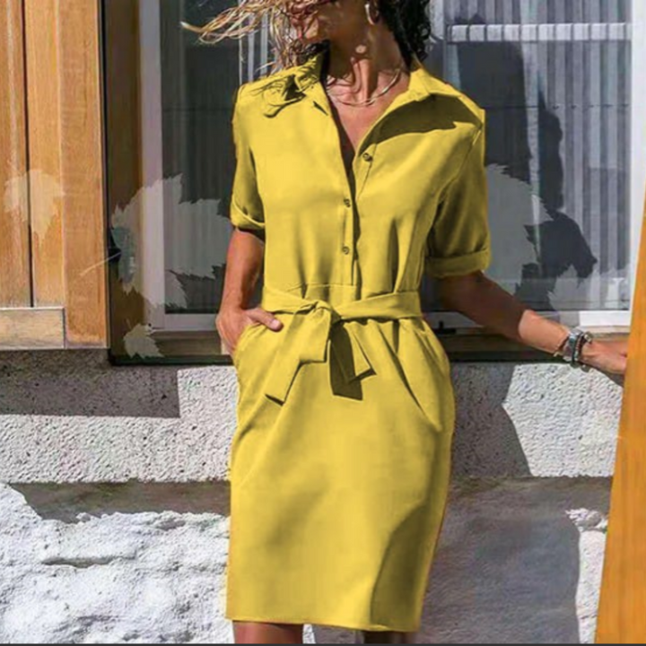 Robe Ceinturée À Manches Courtes Pour Femmes | Midi
