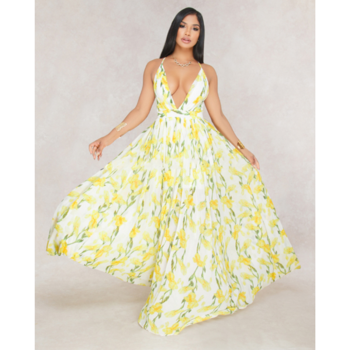 Queenie | Damen gedrucktes Dekolleté-Kleid | Gelb Weiß
