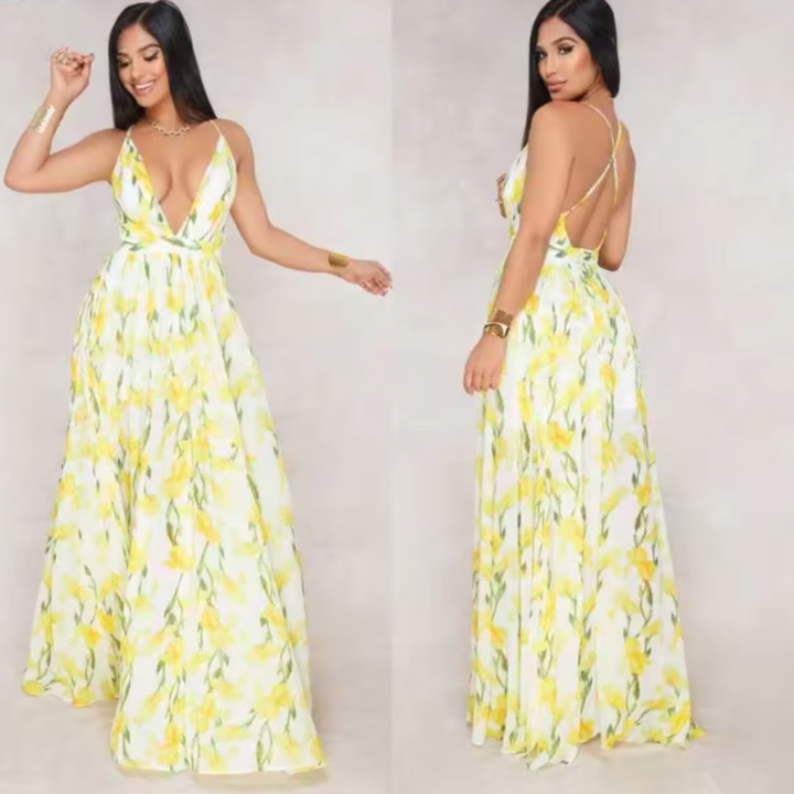 Queenie | Damen gedrucktes Dekolleté-Kleid | Gelb Weiß