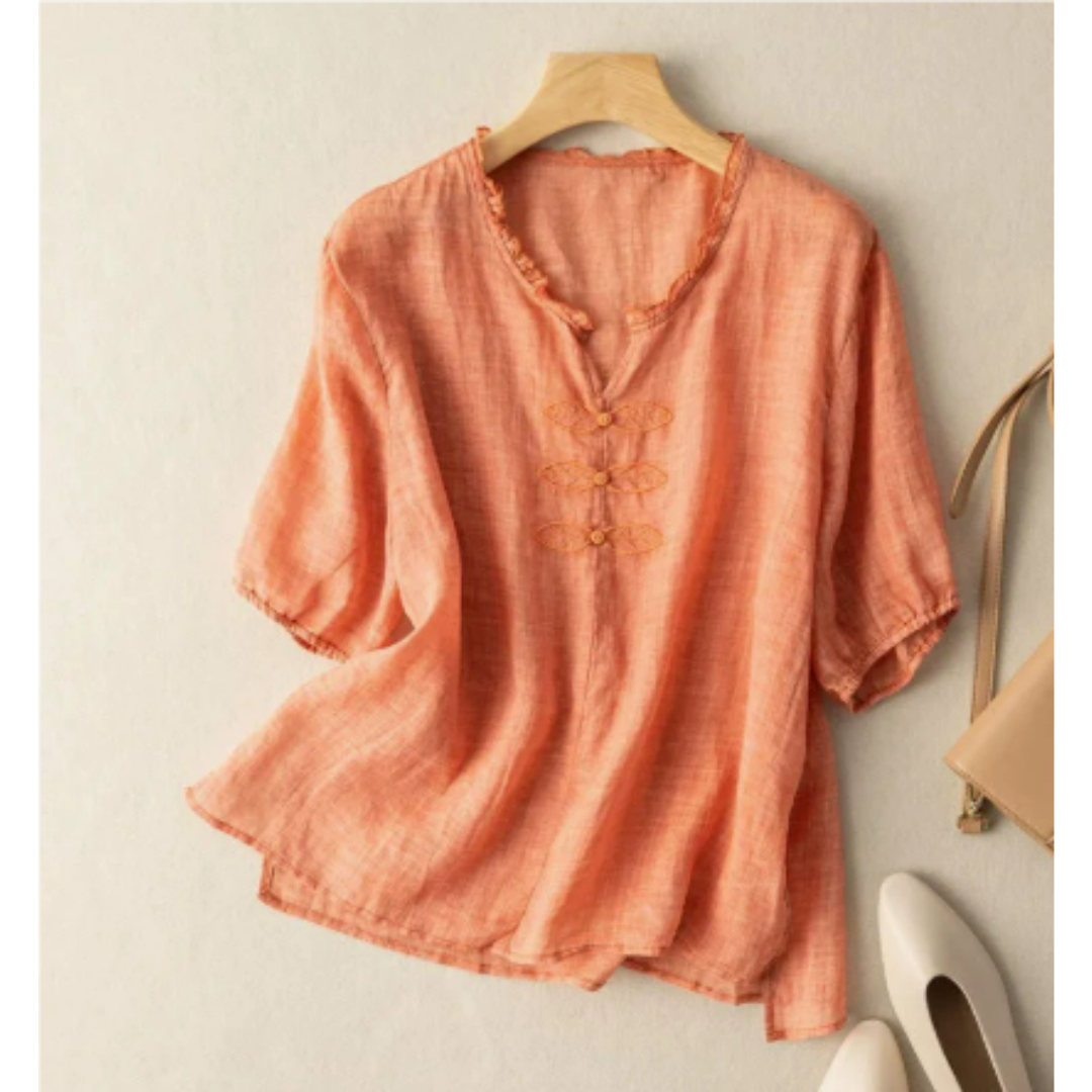 Bequeme Kurzarm-Sommerbluse mit Puppenkragen für Frauen | Schick
