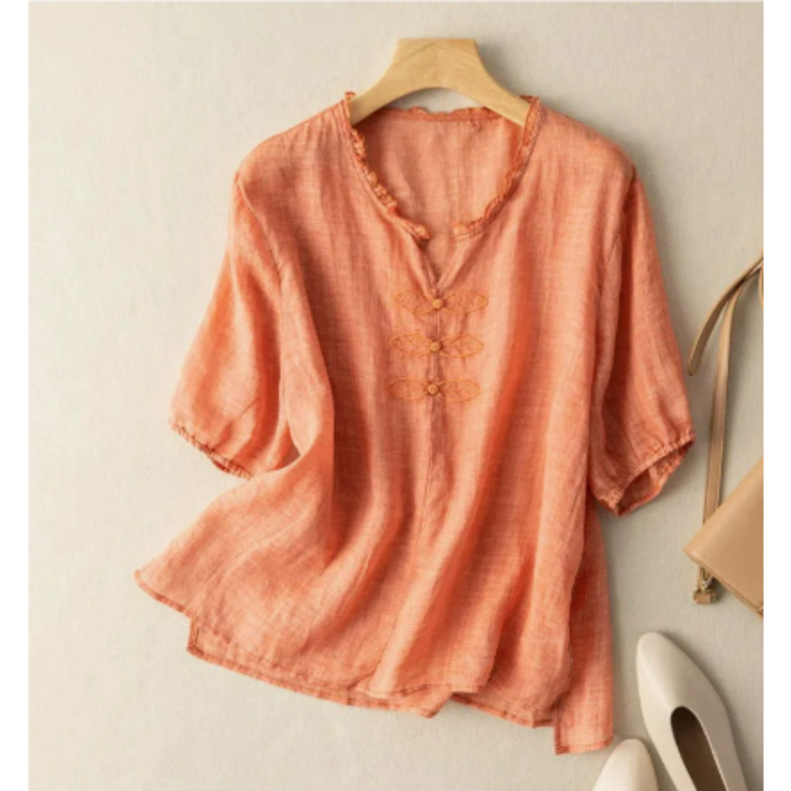 Bequeme Kurzarm-Sommerbluse mit Puppenkragen für Frauen | Schick