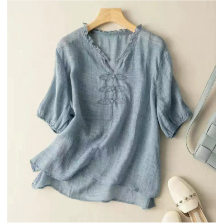 Bequeme Kurzarm-Sommerbluse mit Puppenkragen für Frauen | Schick