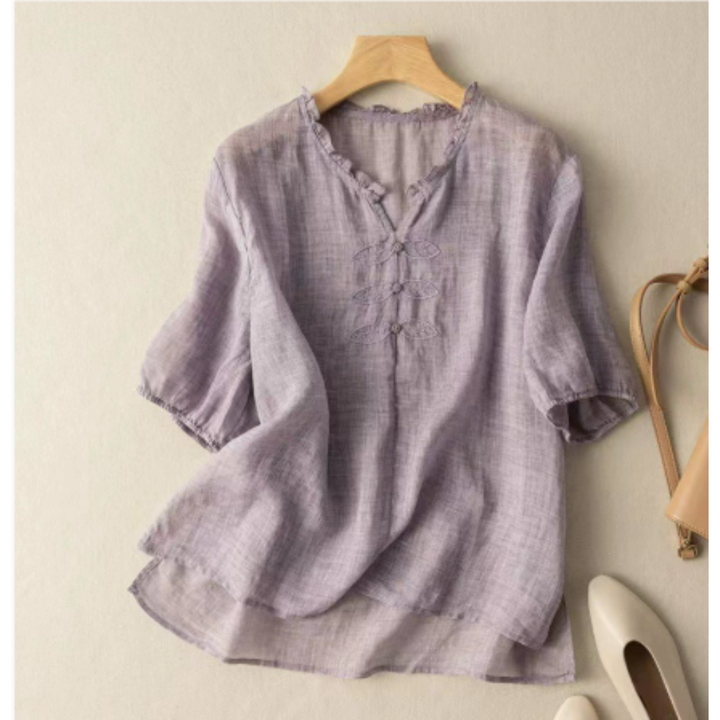 Bequeme Kurzarm-Sommerbluse mit Puppenkragen für Frauen | Schick