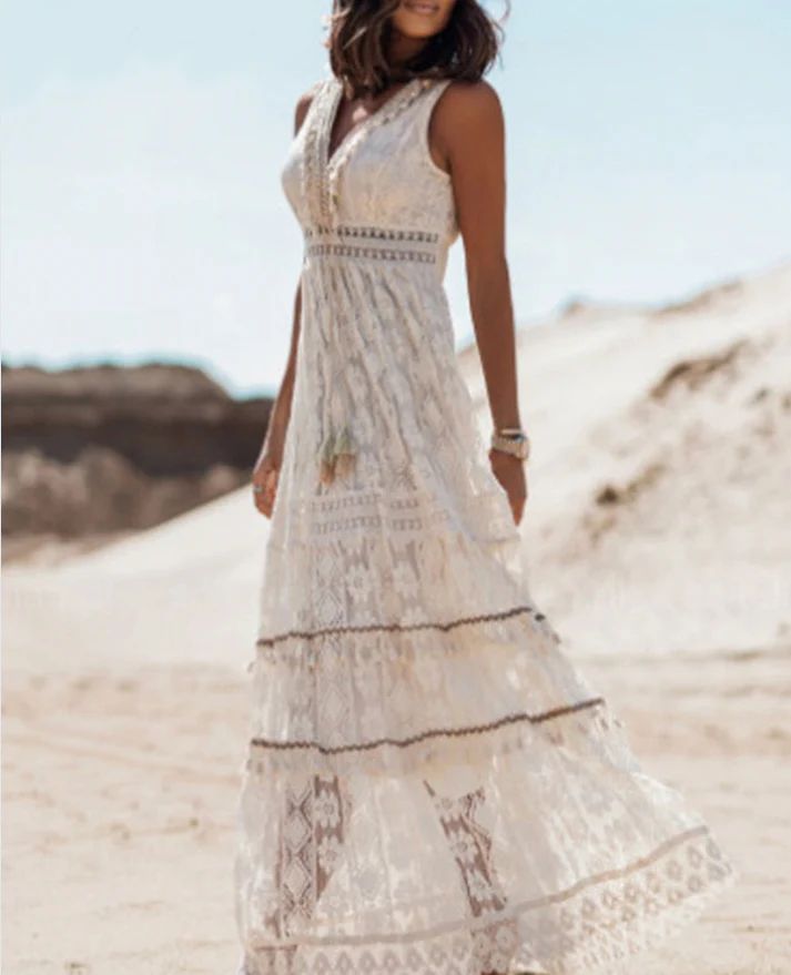 Robe Élégante À Col en V Boho Pour Femmes | Maxi