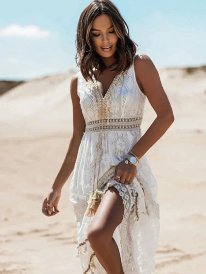 Robe Élégante À Col en V Boho Pour Femmes | Maxi