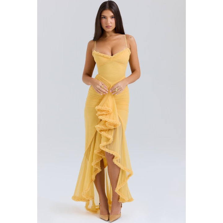 Robe D'invité De Mariage Avec Bretelles Spaghetti Et Volants | Maxi