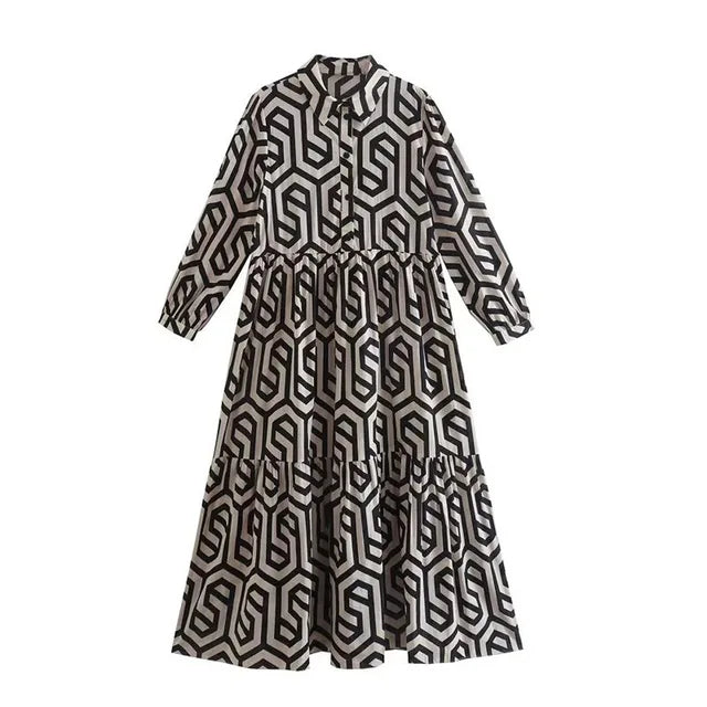 Ottilia | Damen Kleid mit langen Ärmeln und geometrischen Mustern