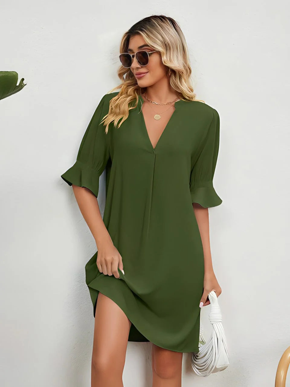 Robe D'été Élégante À Manches 3/4 Et Décolleté En V Profond Pour Femme | Mini
